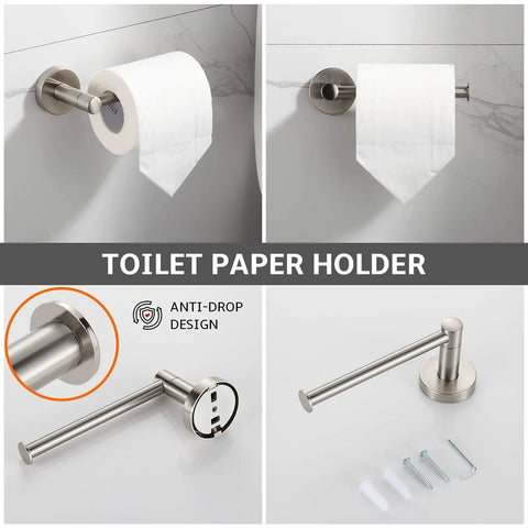 Brushed Nickel 4 Piece Bathroom Accessory Set With Adjustable 24 Inch Towel Bar, Towel Ring, Toilet Paper Holder, And Robe Hooks For Easy Install In Any Bathroom Setting, featuring durable brushed nickel toilet paper holder and mounting details.
