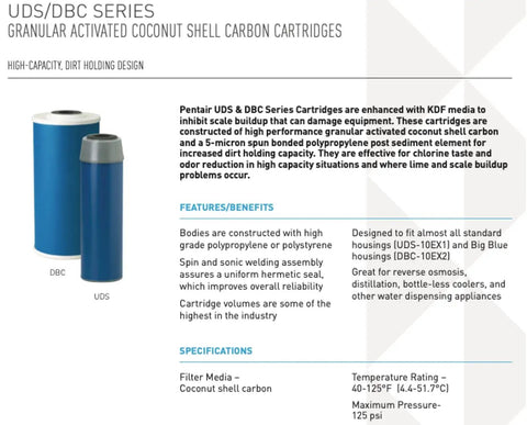 Heavy Duty 10-Inch Whole House Carbon Water Filter With Coconut Shell Activated Carbon And KDF 55 For Chlorine Taste And Odor Reduction, 5 Micron, Fits All 10-Inch Housings And Replaces 10 x 2.5 Standard Cartridges, shown with blue filter casing and specifications chart.