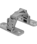 Close-up of concealed stainless steel heavy-duty door hinge pair with mounting bases