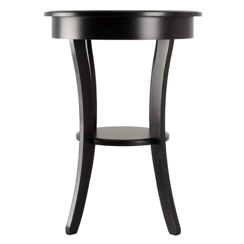 Front view of Sasha Round Accent Table with Drawer and Shelf in Black Finish Modern End Table for Living Room or Bedroom Engineered Wood Construction Stylish Compact Side Table