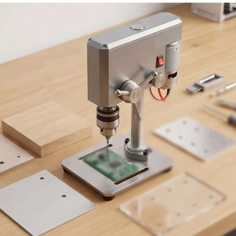 Ace Mini Bench Drill Press Delivering Sweet Variable Speed Control With Heavy Duty Chuck Grip For Zero Drama Woodworking Metal Drilling And Quick Jewelry Crafting Jobs placed on a wood surface with various materials.
