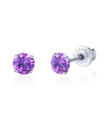 Top Shelf Implant Grade Titanium Screw Back Earrings Hypoallergenic Nickel Free Frame Crafted For Sensitive Skin With Fresh Gemstone Settings, purple cubic zirconia stones.