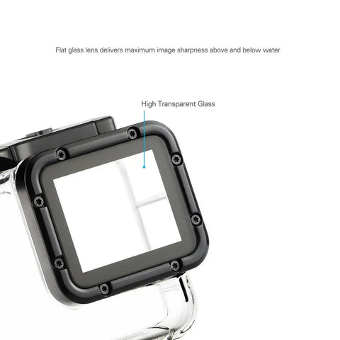 Waterproof GoPro Case for Hero 7 Black, Hero 6 Black, Hero 5 Black, and Hero (2018) with flat glass lens detail