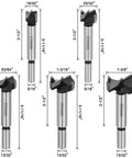 Front view of a five-piece steel hinge-boring drill bit set for wood; sizes 15–35 mm.