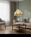 Beige Transitional Scallop Bell Lamp Shade With Spider Construction 6 Inch Top 17 Inch Bottom in a cozy living room setting.
