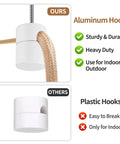 Comparison of aluminum and plastic hooks, highlighting Six Pack Aluminum Swag Hooks For Ceiling Hanging No Fuss Heavy Duty White Ceiling Hooks.