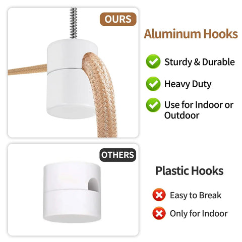 Comparison of aluminum and plastic hooks, highlighting Six Pack Aluminum Swag Hooks For Ceiling Hanging No Fuss Heavy Duty White Ceiling Hooks.