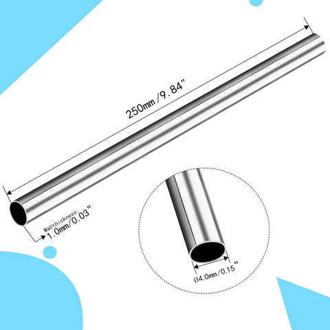 Side view of 304 stainless steel capillary tube, 4 mm OD, 1 mm wall, 250 mm long; weldable straight tubing.
