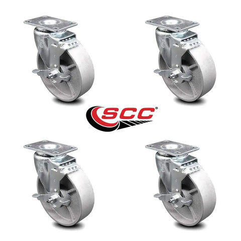 Drop Dead Sturdy Swivel Caster Kit Set Of Four Featuring Five Inch Silver Cast Iron Wheels And Reliable Top Lock Brakes built tough for heavy duty gear hauling.