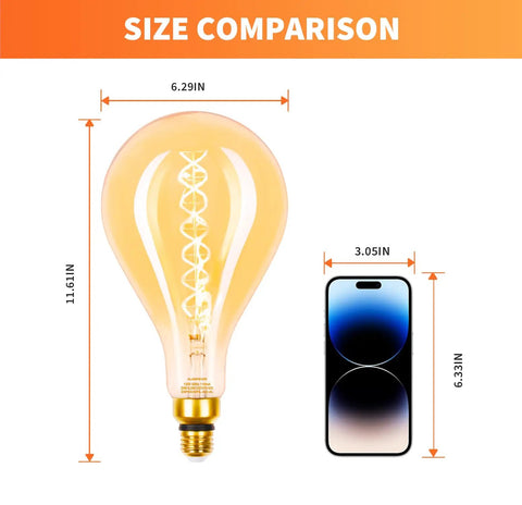 Oversized Edison Style LED Bulbs, Dimmable 7W LED Equal To 40W shown with phone for size comparison