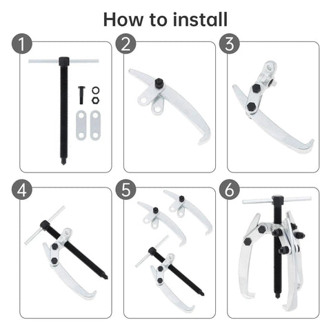 Installation steps for Heavy Duty Three Jaw Gear Puller Tool for Auto and Mechanical Work with adjustable jaw spread.