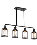 4 Light Cage Pendant Kitchen Island Light, Linear Black Metal Fixture with E26 bulbs, Modern Farmhouse Chandelier style