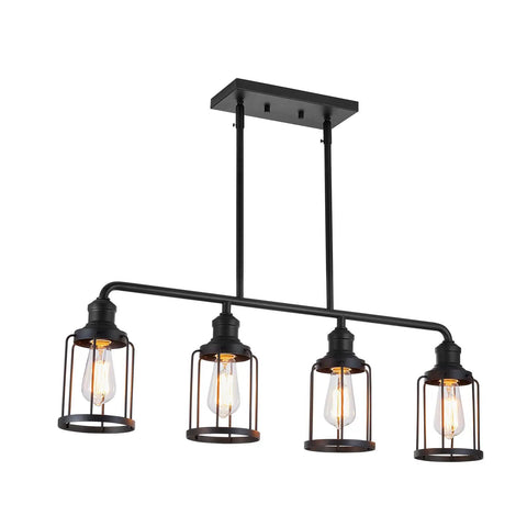 4 Light Cage Pendant Kitchen Island Light, Linear Black Metal Fixture with E26 bulbs, Modern Farmhouse Chandelier style