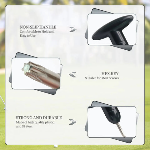 Pro Grade Lightweight S2 Steel Golf Wrench Tool For Club Head Adjustments And Driver Shaft Adapters focus on handle and key parts.