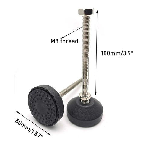 Bulletproof Heavy Duty Adjustable Furniture Levelers with M8 thread, 100mm steel stud, and 50mm rubber pad.