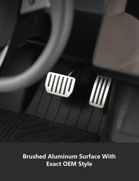 Tesla Model Y Juniper 2025 2026 and Model 3 Highland 2024 2026 Aluminum Self Flip Lock Pedal Set, brushed aluminum accelerator and brake covers