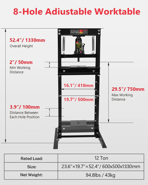 8-Hole Adjustable Worktable featuring 12-ton capacity, black powder-coated steel, for Boss Tier Precision Rated Hydraulic Shop Press