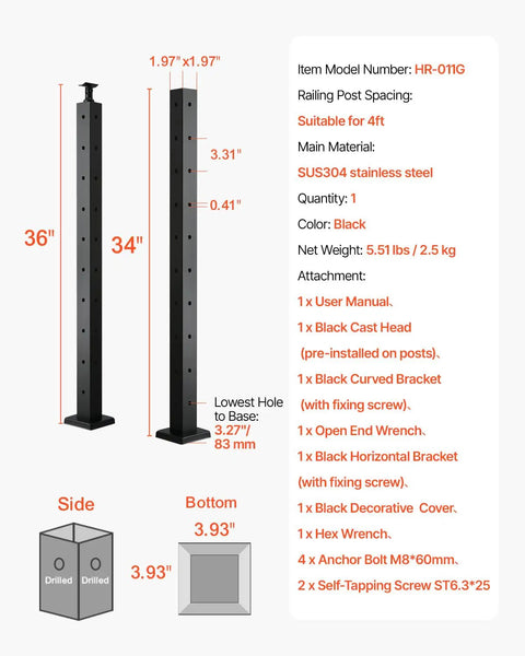 Diagram of Corner Cable Railing Post with ten L-shaped holes, 36x2x2 inches, SUS304 stainless steel, black finish, kit details included.