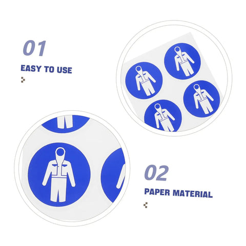 Close-up of Ten Pack Protection Suit Warning Labels and Adhesive Safety Stickers for Factory Equipment, showing blue paper material