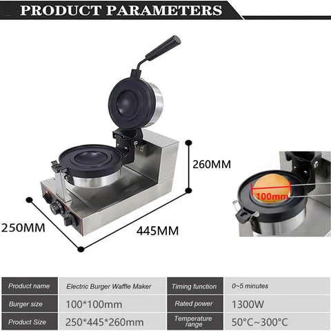 Judyssy Electric Panini Press And Waffle Maker With Adjustable Temp Control 50-300c showing dual waffle plates and timer dial.