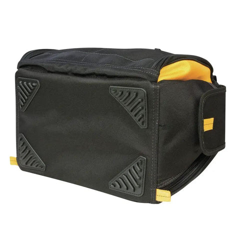 Base view of LED Light Tool Backpack With 57 Pockets Black And Yellow Three Light Settings Up To 39 Lumens Heavy Duty Comfort Carry