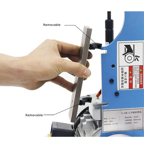 Heavy Duty Vertical Belt Sander 1500 Watt Belt Grinder And Polisher For Quick Change Sandpaper showing removable part.