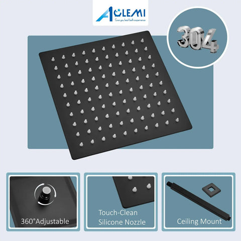 Ceiling Mount Shower System With 10 Inch Matte Black Rain Shower Head featuring touch-clean silicone nozzles and 360° adjustment.