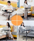 Hassle Free Stainless Steel Mobile Standing Desk With Multifunctional Computer Table Setup in use beside bed and couch.