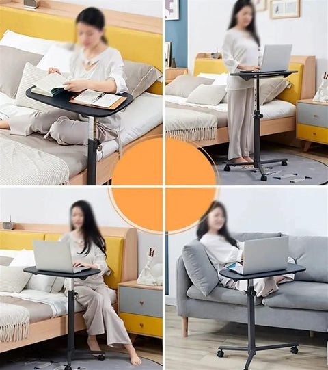 Hassle Free Stainless Steel Mobile Standing Desk With Multifunctional Computer Table Setup in use beside bed and couch.