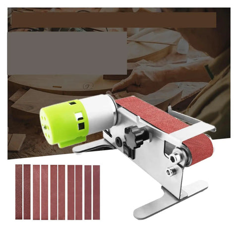 Mini Electric Belt Sander With Seven Speed Settings For Precision Sanding Polishing And Grinding Woodworking Metal Sharpening Project Includes Ten Durable Sandpaper Belts Compact Desktop And Handheld Tool at an angle with red sandpaper belt.