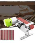 Compact Mini Electric Belt Sander Machine For Wood And Metal Sanding Polishing Sharpening With 7 Speed Settings Includes Three Sanding Belts.