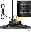 UFO LED High Bay Light With Adjustable Wattage 80W 100W 150W, 3000K 4000K 5000K CCT, showing wattage and CCT switches