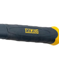 Grip detail of the 26 Oz Dead Blow Hammer With No Mar Polyurethane Cushion Grip And Steel Core Mallet, black and yellow handle.