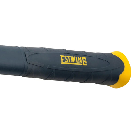 Grip detail of the 26 Oz Dead Blow Hammer With No Mar Polyurethane Cushion Grip And Steel Core Mallet, black and yellow handle.