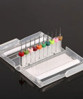 Ten Piece Set Of 0.6 To 1.5mm Pro Grade Carbide Drill Bits in a clear case, various colored handles for PCB CNC milling and precision work.