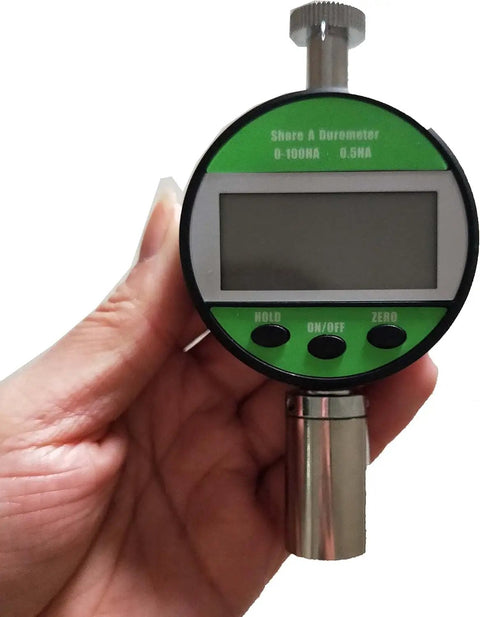 Dead On Accuracy Digital Shore A Hardness Tester For Quick Soft Rubber And Plastic Checks Straight Up Portable Build held in hand.