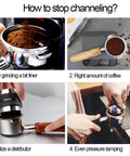 51mm Bottomless Portafilter For Home Espresso Machines With 3 Ear Prongs, 4mm Thickness, Stainless Steel Filter Basket Included, Fits Gevi 20 Bar Models And Other Popular 51mm Brews For Rich Espresso And Cappuccino in use demonstrating steps to stop espresso channeling.