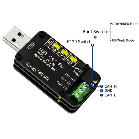USB To CAN FD Converter Adapter With 2.0 CAN FD Support Fast 5 Mbps CAN Bus Monitoring And Debugging For Industrial Gear And Servo Motors Pro Grade USB Interface For Engineers, black USB adapter with CAN_H, GND, CAN_L terminals and boot switch