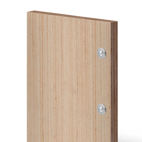 Side view of wood with installed Dowel Center Finder Set For Woodworking Eight Piece Precision Drill Guide Pins in various sizes for alignment.