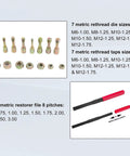 15-Piece Metric Thread Chaser Set including 7 dies, 7 taps, 1 restorer file shown with metric sizes displayed.