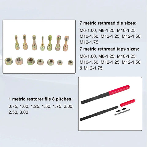 15-Piece Metric Thread Chaser Set including 7 dies, 7 taps, 1 restorer file shown with metric sizes displayed.