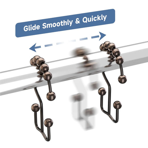 Rust Resistant Double Glide Shower Curtain Hooks Set Of 12 In Bronze Finish on shower rod, showing smooth sliding.