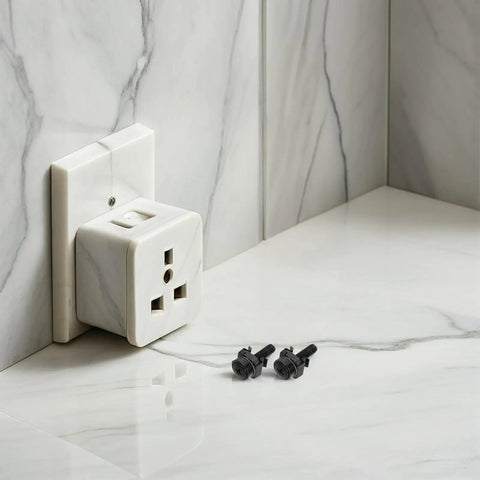 Rock Solid M5x25 Black Rack Mount Screws With Floating Cage Nuts For Standard 19 Inch Server Racks beside a white wall outlet.