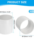 Twenty Pack Heavy Duty White Pvc Pipe Fitting Coupling Adapters Four Inch By Three Eighths For Plumbing Hydraulics And Pneumatic Systems Knockout Durability Solid Build showing dimensions of 110mm and 120mm