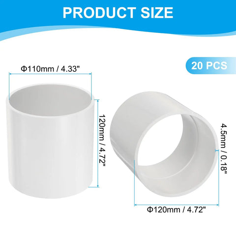 Twenty Pack Heavy Duty White Pvc Pipe Fitting Coupling Adapters Four Inch By Three Eighths For Plumbing Hydraulics And Pneumatic Systems Knockout Durability Solid Build showing dimensions of 110mm and 120mm