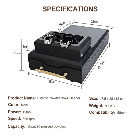 Electric Coffee Grounds Cleaner Knock Box For Swift 58mm Portafilter Cleanout with specifications and dimensions.