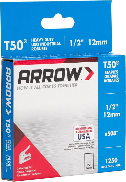 Badass T50 Heavy Duty Staples Featuring 1/2 Inch Legs And 3/8 Inch Crowns For Upholstery Construction Furniture Repairs And Crafts 1250 Pack in box.
