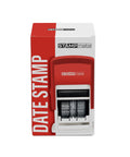 Top Shelf Self Inking Date Stamp With Adjustable Month Day Year Dial in red packaging, perfect for office sorting and expiration tagging.