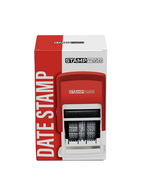Top Shelf Self Inking Date Stamp With Adjustable Month Day Year Dial in red packaging, perfect for office sorting and expiration tagging.
