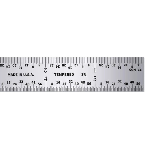 USA Made 6 Inch Flexible Steel Machinist Ruler With Satin Chrome Finish Handy For Curved Surfaces And Tight Spots, Precise 1/10 1/50 1/32 1/64 Grads, Narrow 1/2 Inch Width, Built Tough And Snag Free showing close-up of graduations